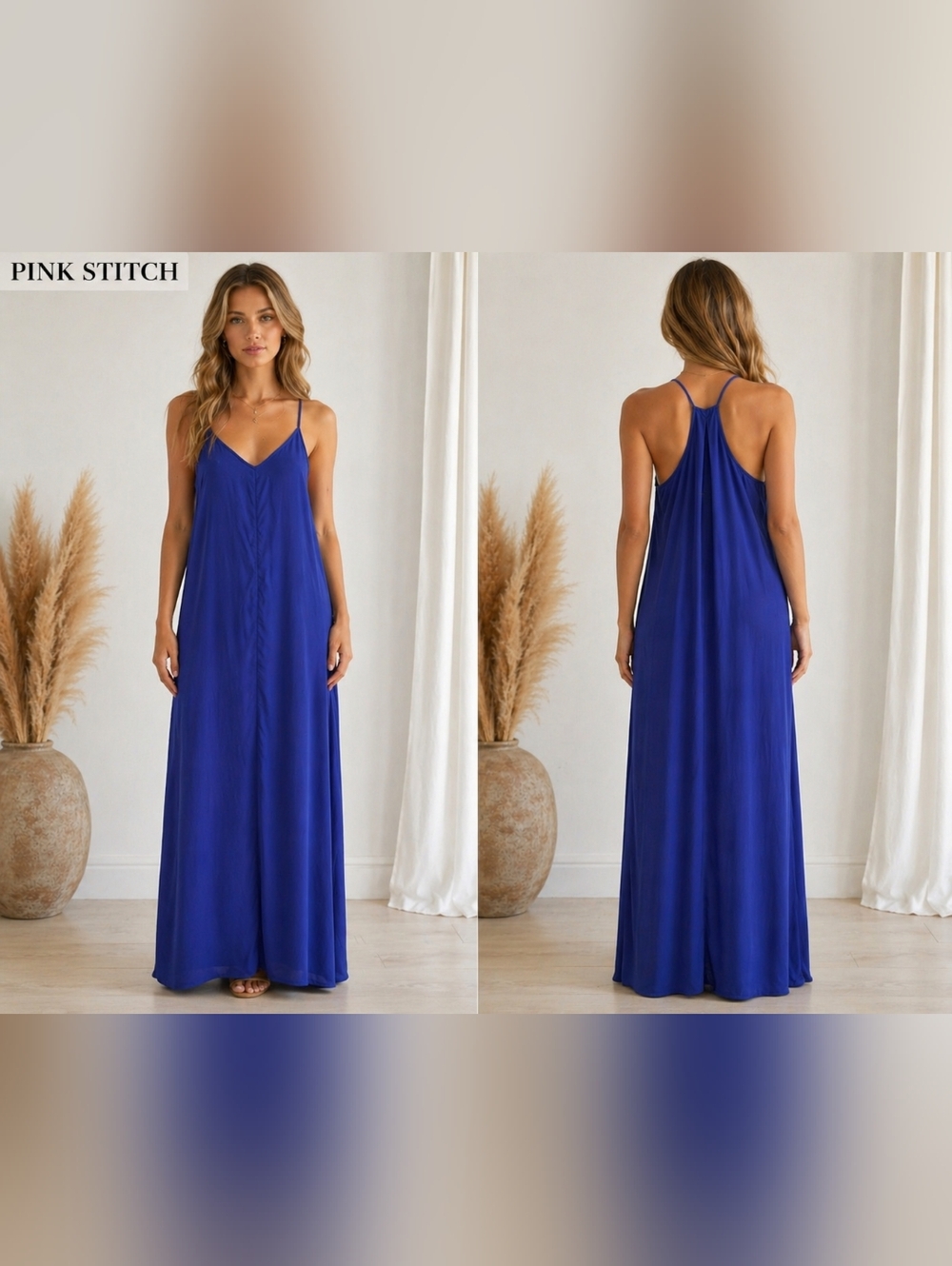 Pink Stitch Cobalt Blue Maxi Slip Dress with Racerback Detail